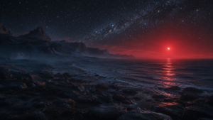 Vue d'artiste de la surface d'une super-Terre : une mer sombre, une cote rocheuse et une naine rouge basse sur l'horizon