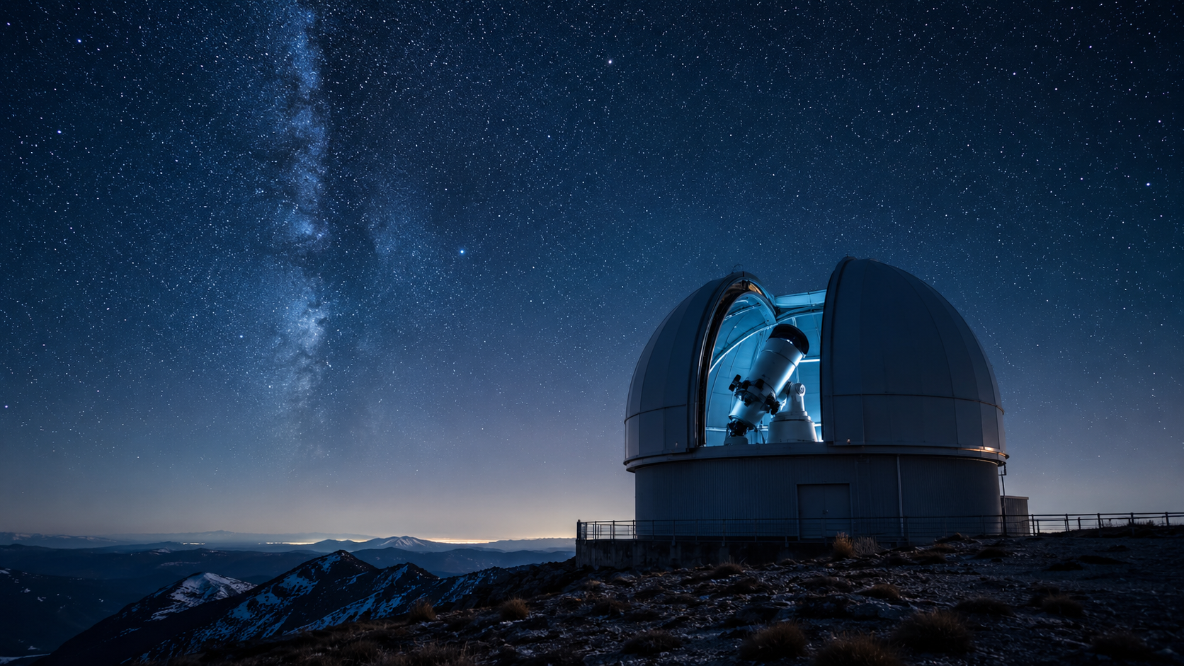 Une coupole d'observatoire ouverte la nuit, telescope pointe vers un ciel etoile