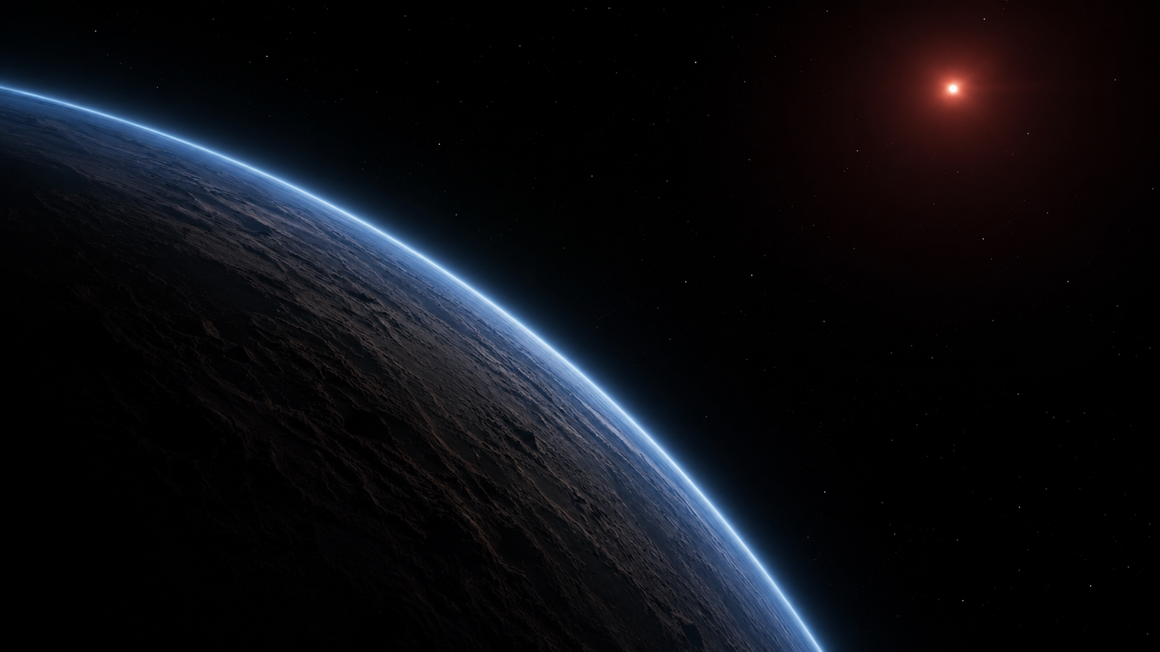 Le bord courbe d'une planete rocheuse vue de l'espace, cerne d'une fine couche atmospherique lumineuse
