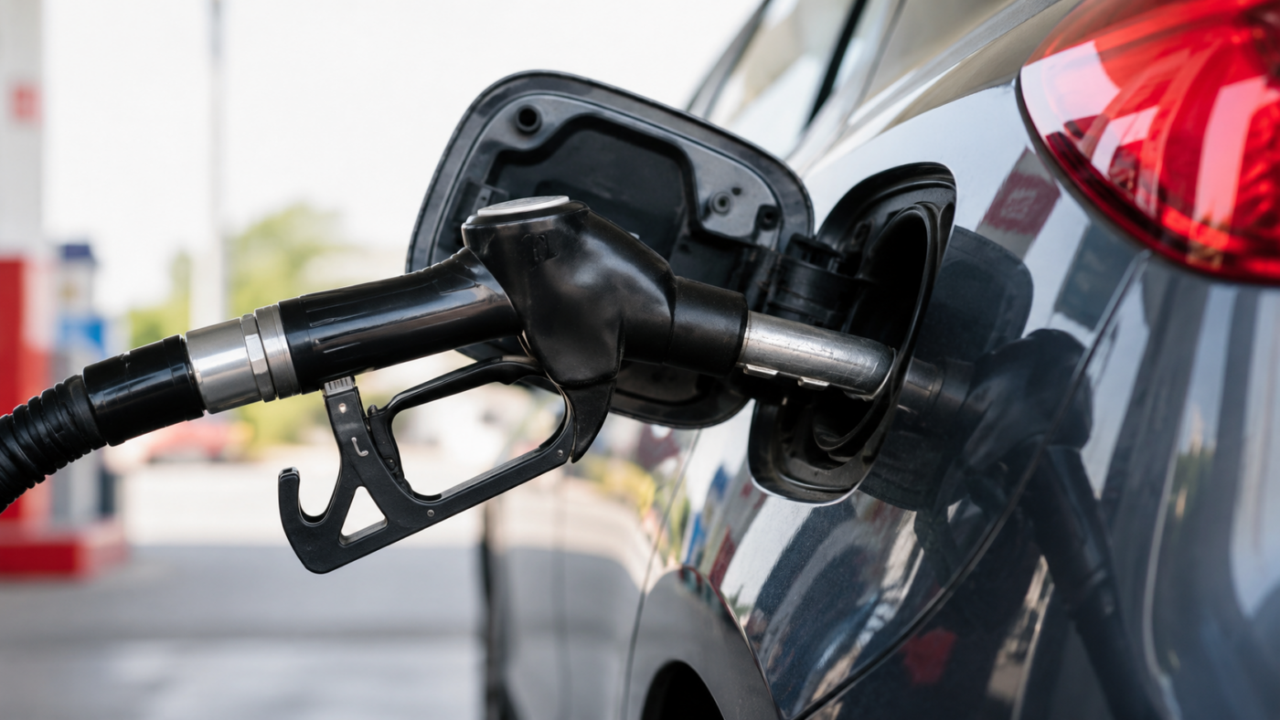 Pistolet de distribution posé dans la trappe à carburant ouverte d'une voiture, en gros plan