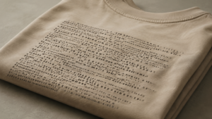 T-shirt beige clair plie dont le dos porte un pave de caracteres stylises evoquant du code informatique
