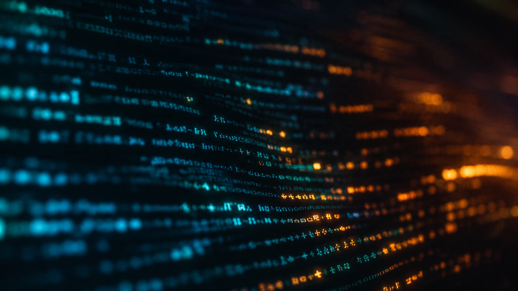 Ecran de terminal sombre et abstrait ou defilent des caracteres colores en vague, du cyan a l'orange