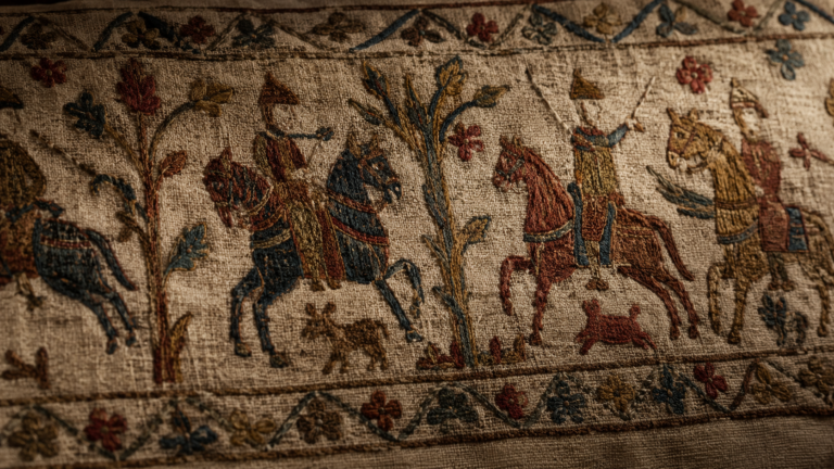 Broderie de laine médiévale stylisée sur toile de lin ancienne, motifs ornementaux inventés.