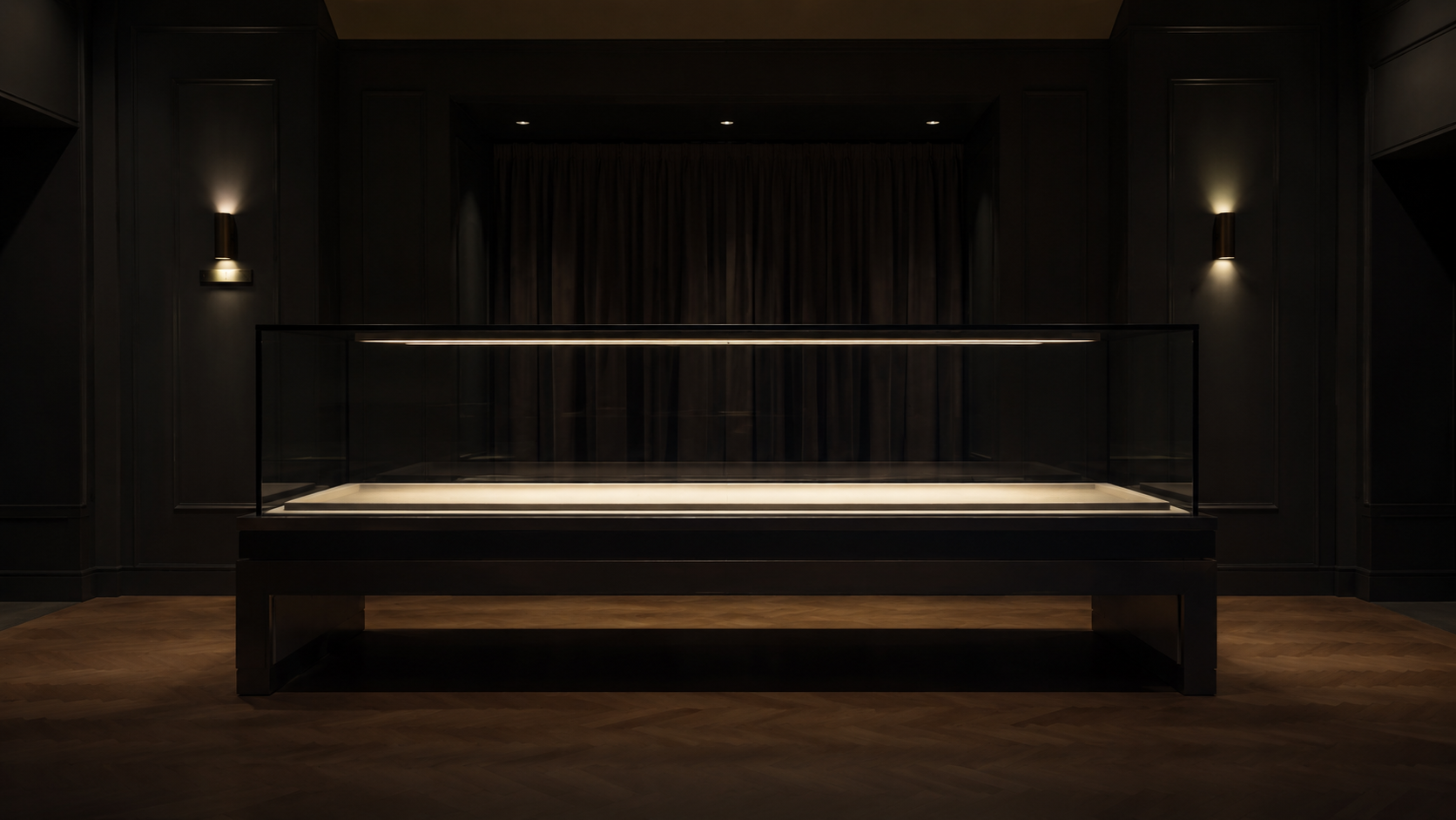 Longue vitrine de musée vide sous un éclairage de conservation tamisé.