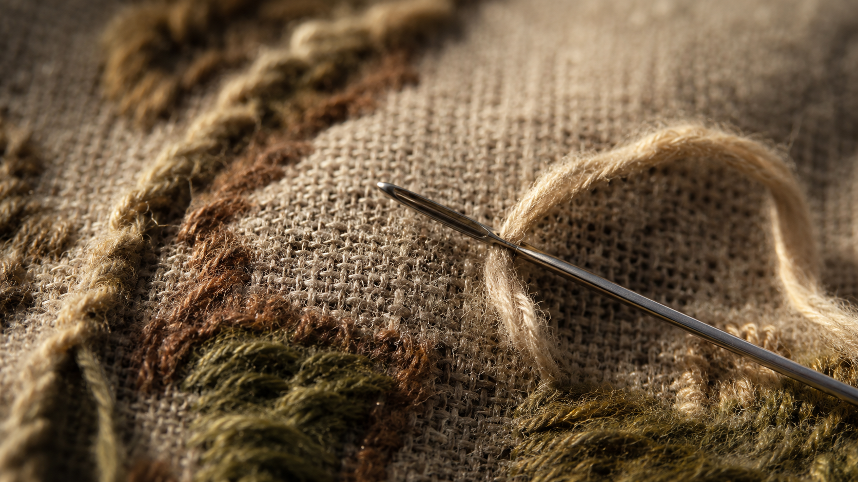 Détail macro de fils de laine et d'une aiguille sur une toile de lin ancienne.