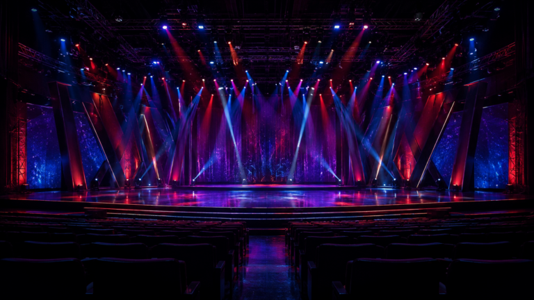 Grande scène de concert vide et éclairée par des projecteurs de couleur, vue depuis une salle plongée dans le noir, sans artistes ni public