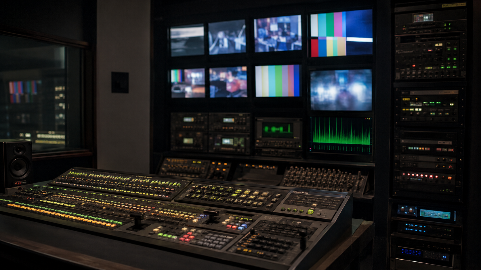Régie de télévision faiblement éclairée, écrans d'une console affichant des mires de couleur et des formes d'onde abstraites, sans personne