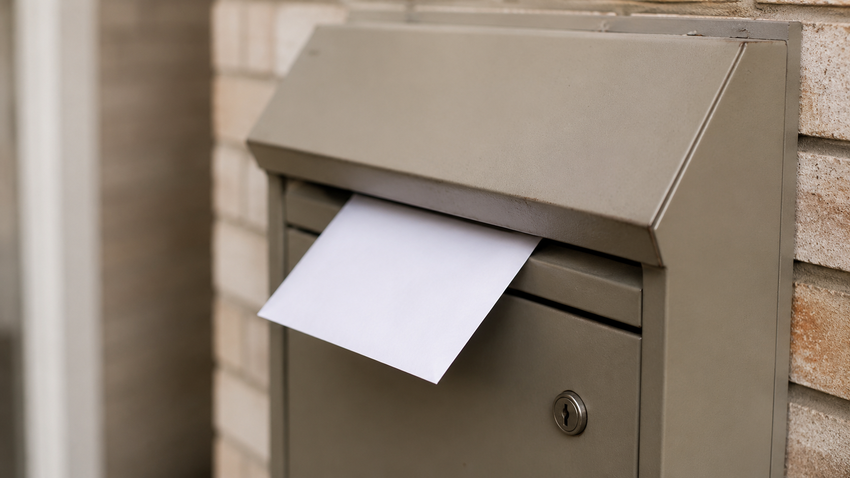 Boîte aux lettres résidentielle avec une enveloppe blanche engagée dans la fente, en gros plan