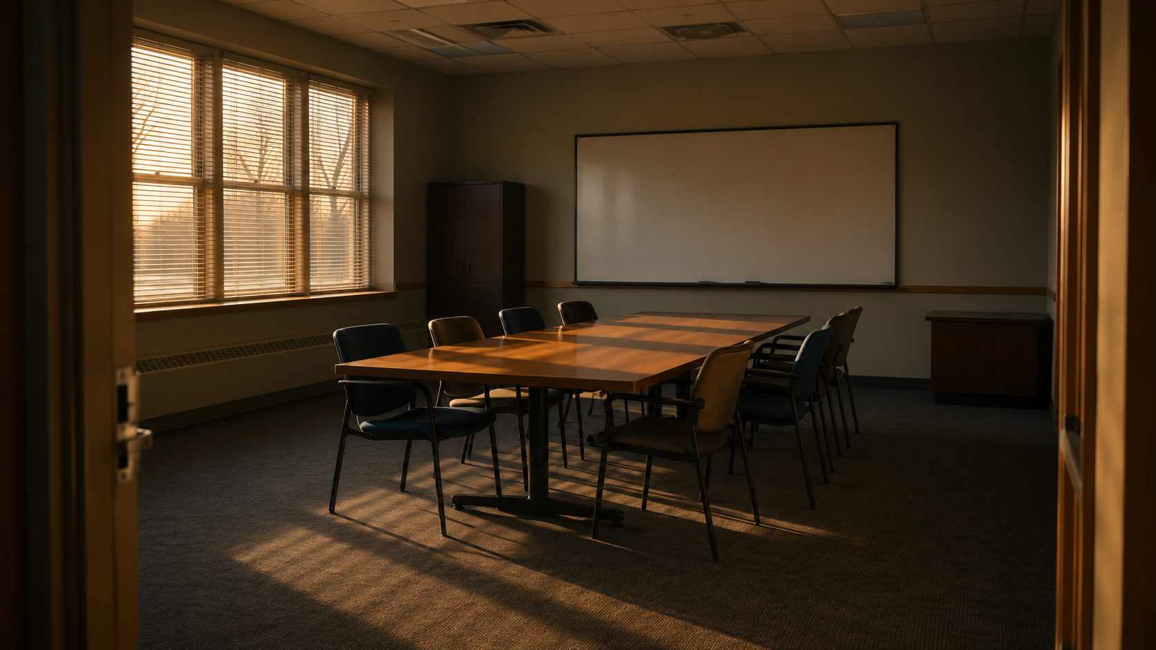 Salle de réunion de lycée vide avec une longue table et un tableau blanc nu