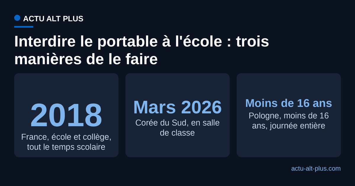 Comparaison des interdictions du téléphone à l'école : France 2018 (école et collège, temps scolaire entier), Corée du Sud mars 2026 (salle de classe), Pologne (moins de 16 ans, toute la journée)