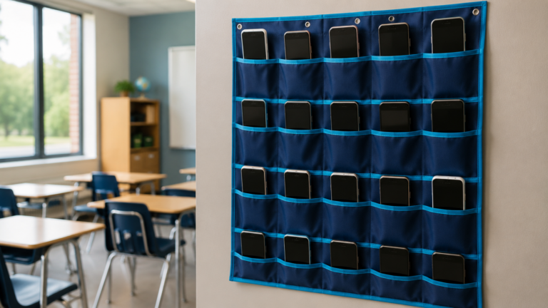 Un rangement mural à pochettes rempli de smartphones éteints dans une salle de classe