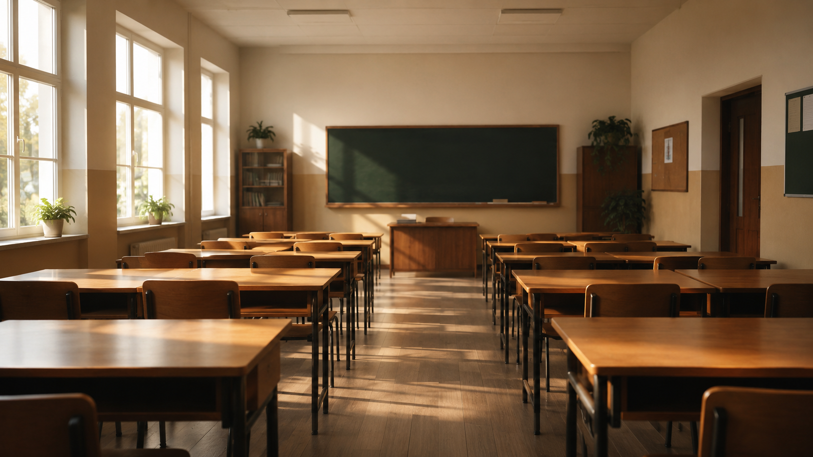 Une salle de classe vide avec des rangées de tables et de chaises baignées de lumière matinale