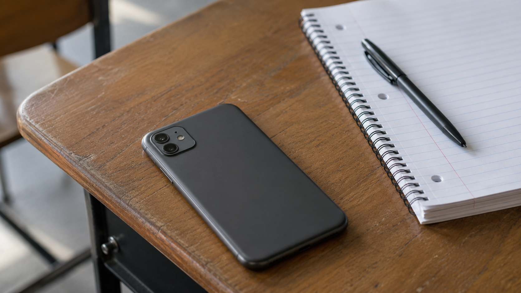 Un smartphone éteint posé face vers le bas sur un bureau d'école, à côté d'un cahier