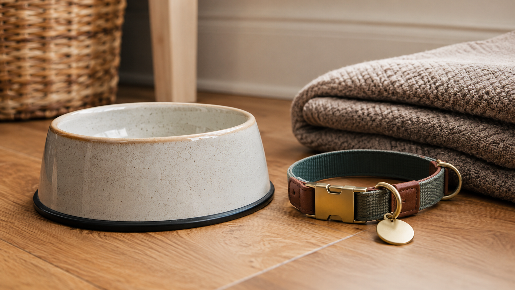 Une gamelle et un collier avec médaille posés sur un parquet, près d'une couverture pliée.