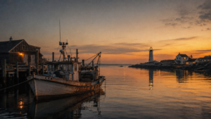 Petit bateau de pêche amarré dans un port au crépuscule, lumière douce.