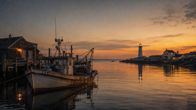Petit bateau de pêche amarré dans un port au crépuscule, lumière douce.