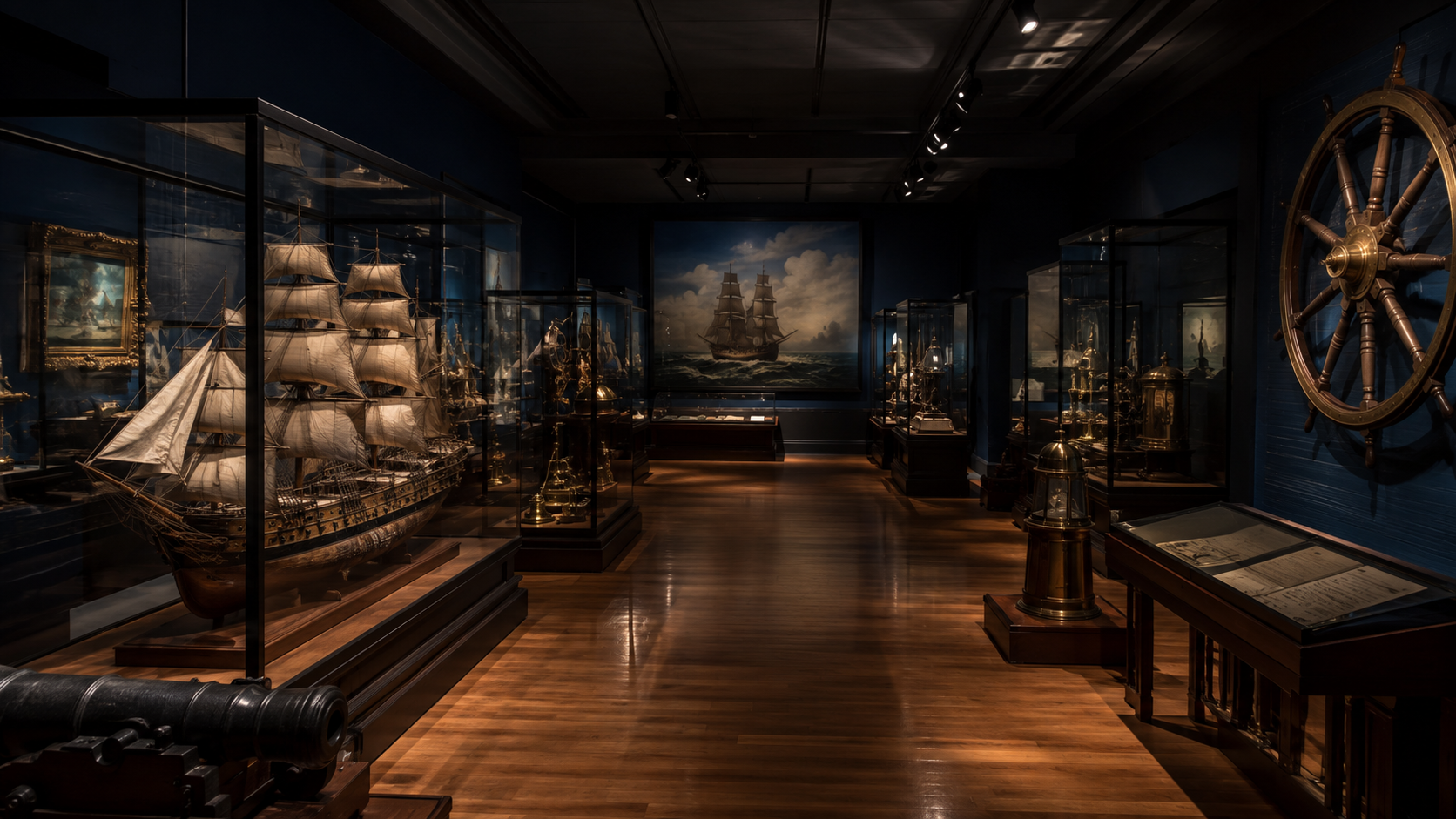 Salle d'exposition d'un musée maritime, vitrines et lumière tamisée.