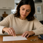 Une femme colle du pouce un timbre sans motif sur une enveloppe blanche, à une table de cuisine, un porte-monnaie et deux pièces posés à côté
