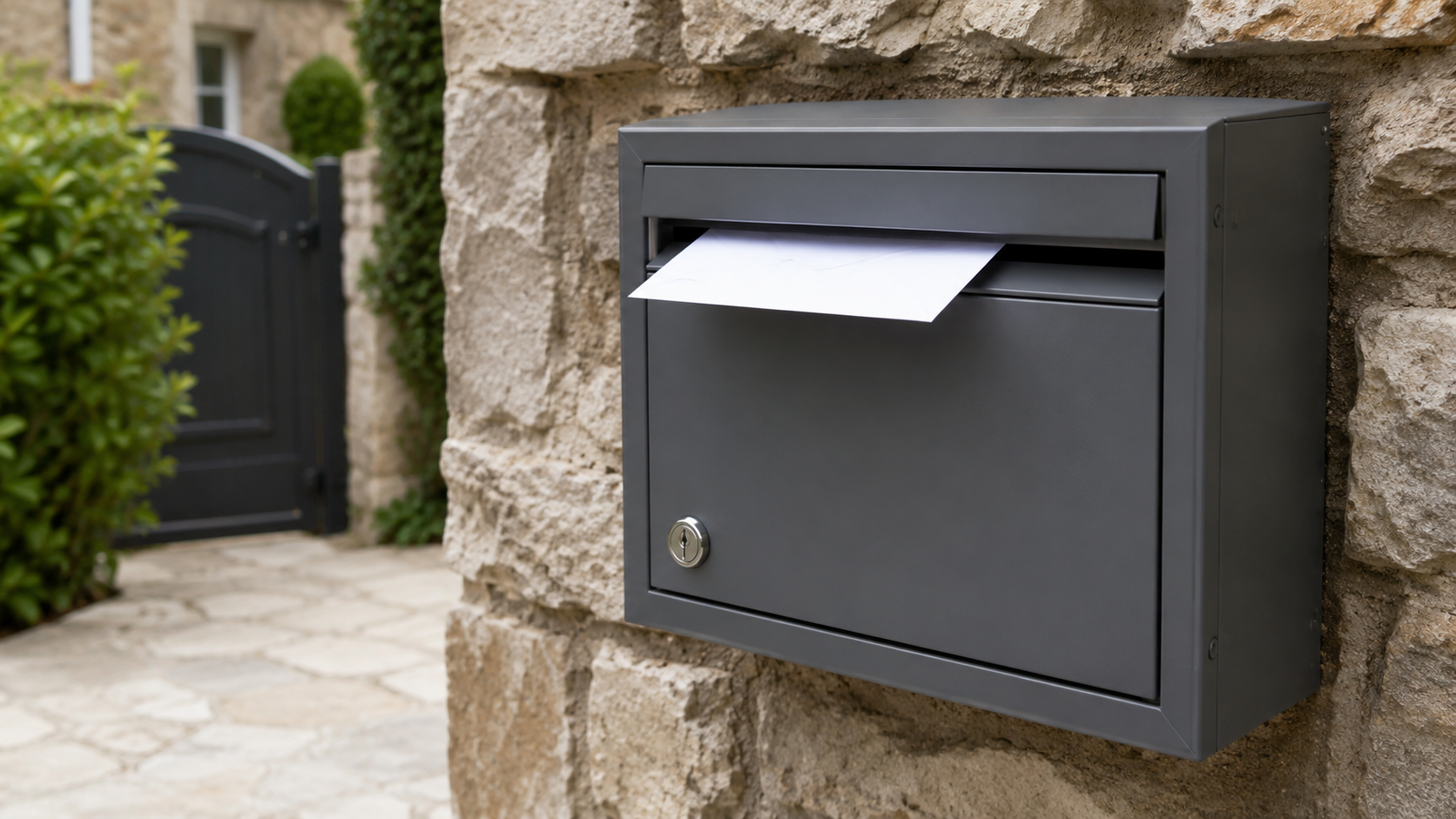 Une boîte aux lettres de particulier ouverte, contenant une seule enveloppe blanche, devant une haie verte floue
