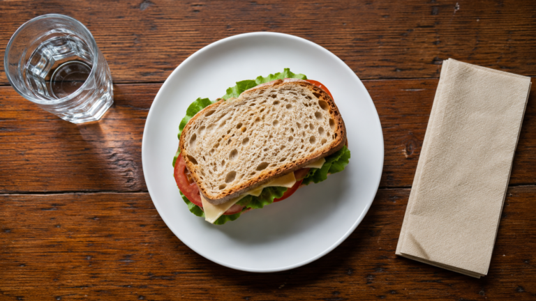 Déjeuner simple vu de dessus sur une table de bistrot en bois : sandwich sur une assiette blanche, verre d'eau et serviette en papier