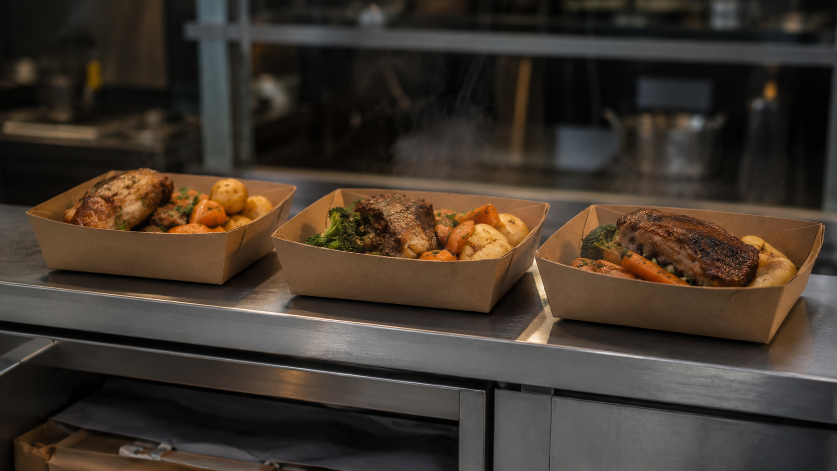 Trois barquettes en carton sans étiquette alignées sur une tablette en inox à un comptoir de vente à emporter, fine vapeur au-dessus