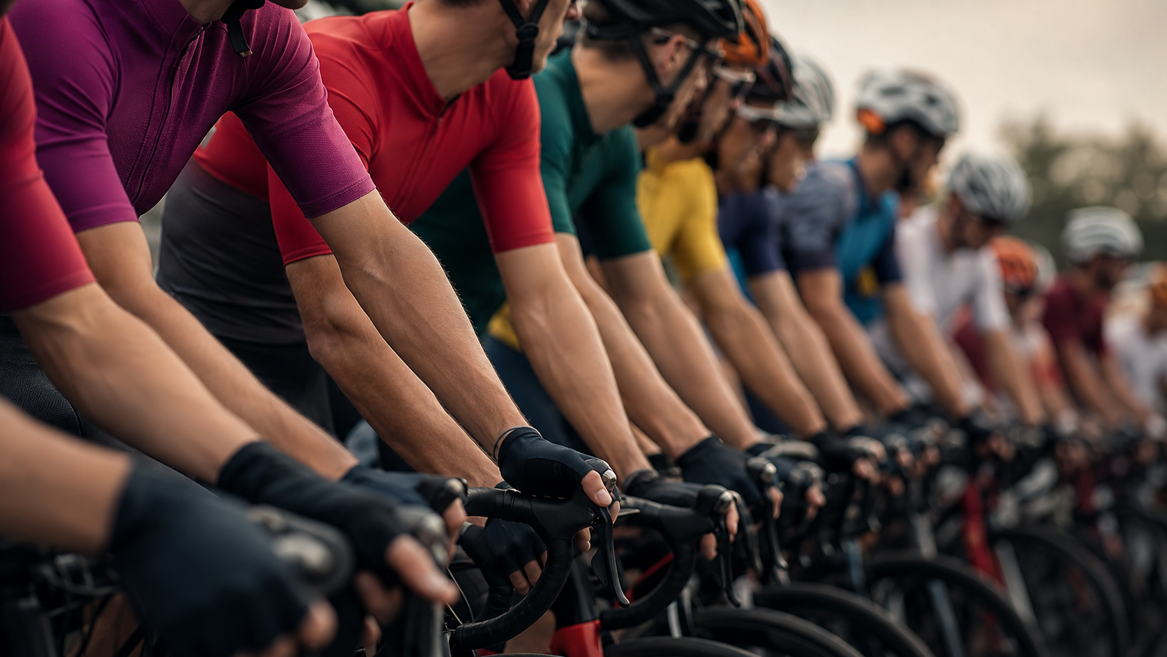 Coureurs de plusieurs equipes alignes au depart d'une course cycliste au petit matin