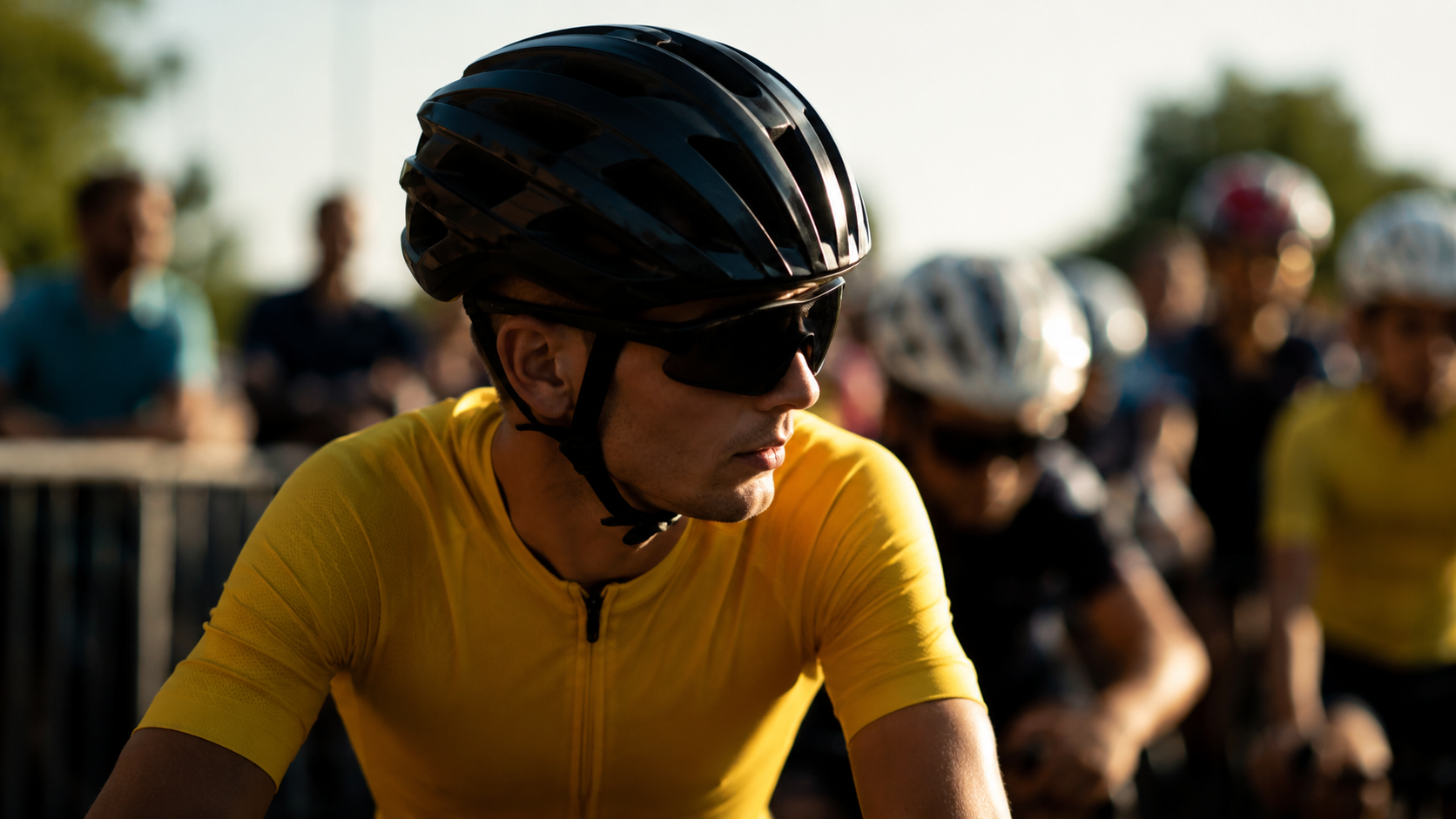 Jeune coureur cycliste concentre au depart, portrait de trois-quarts dans la lumiere du matin