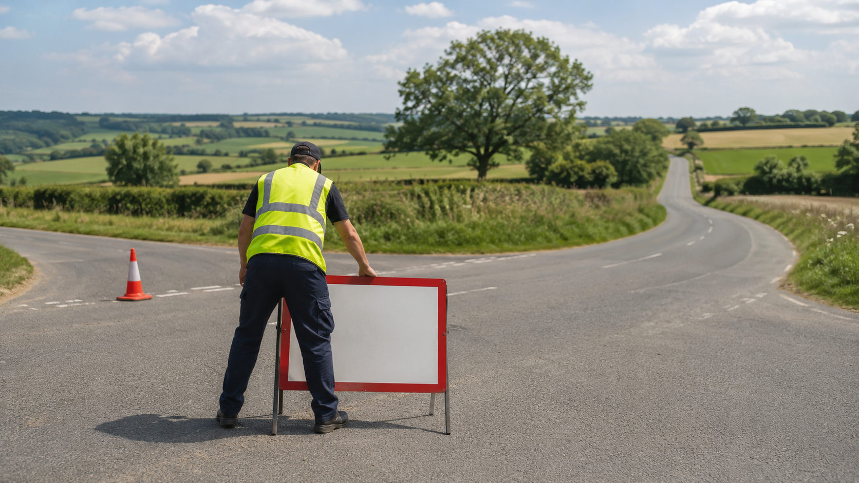 Signaleur bénévole plantant un panneau de fermeture de route à un carrefour de campagne