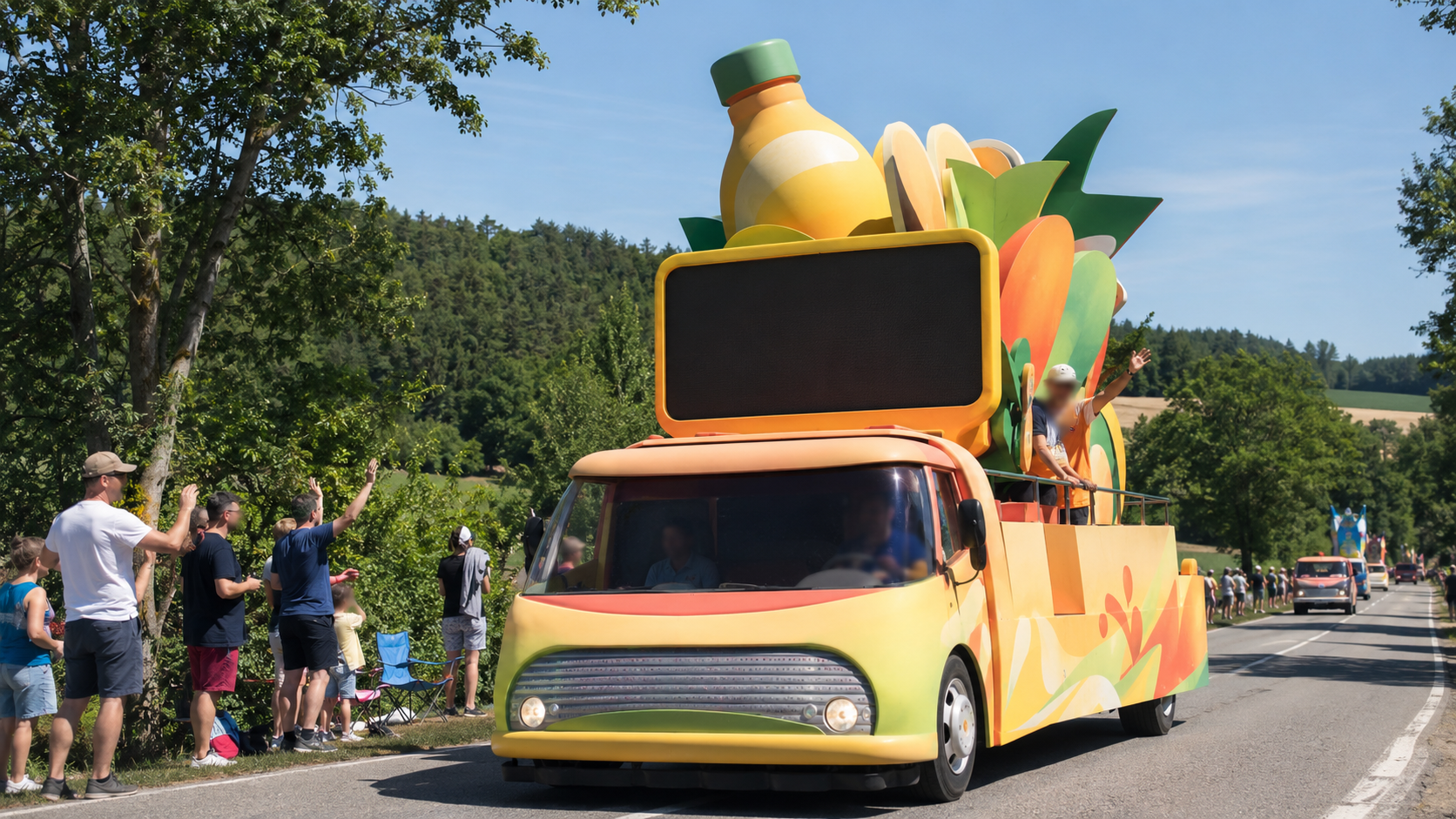 Char stylisé de caravane publicitaire roulant sur une route de campagne devant quelques spectateurs