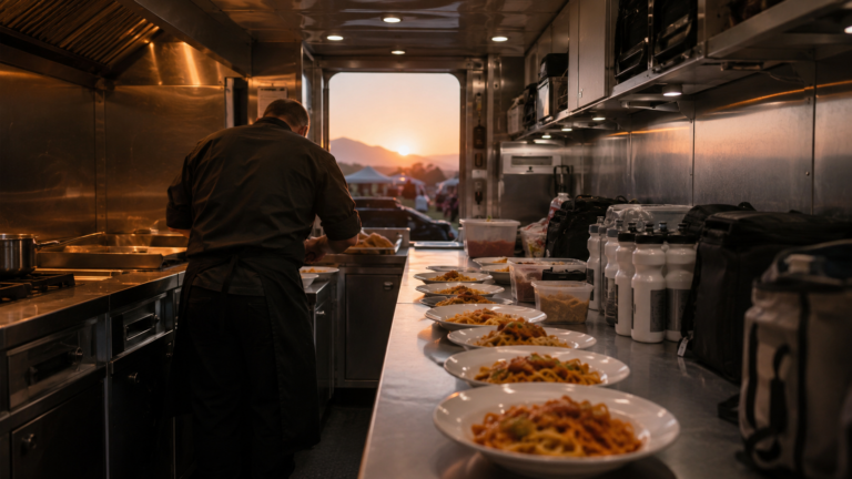 Interieur d'un camion-cuisine d'equipe cycliste, plans de travail inox, musettes et bidons alignes, un chef de dos dressant des assiettes de pates