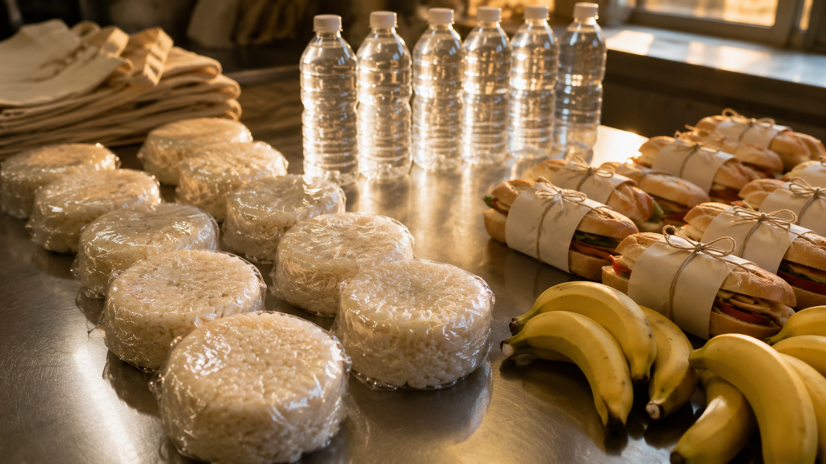 Gateaux de riz maison emballes, bidons alignes et sandwiches prets a garnir les musettes sur un plan de travail inox