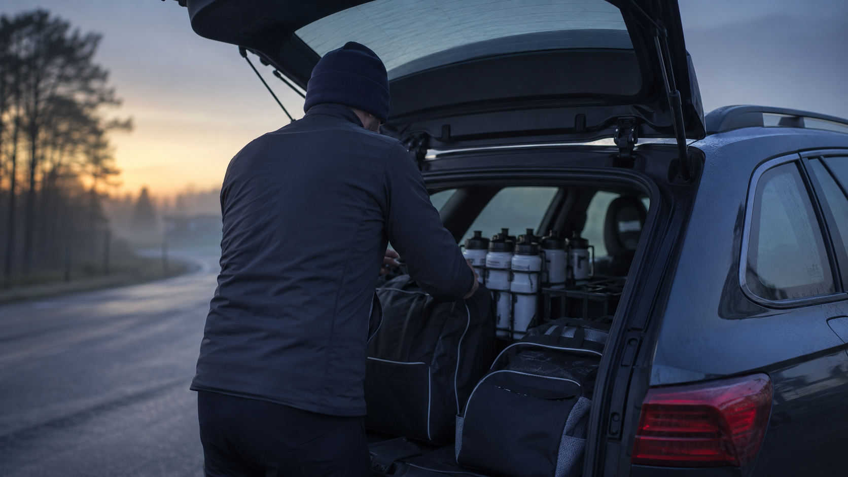 A l'aube, un soigneur vu de dos charge musettes et bidons dans un vehicule d'assistance avant une etape