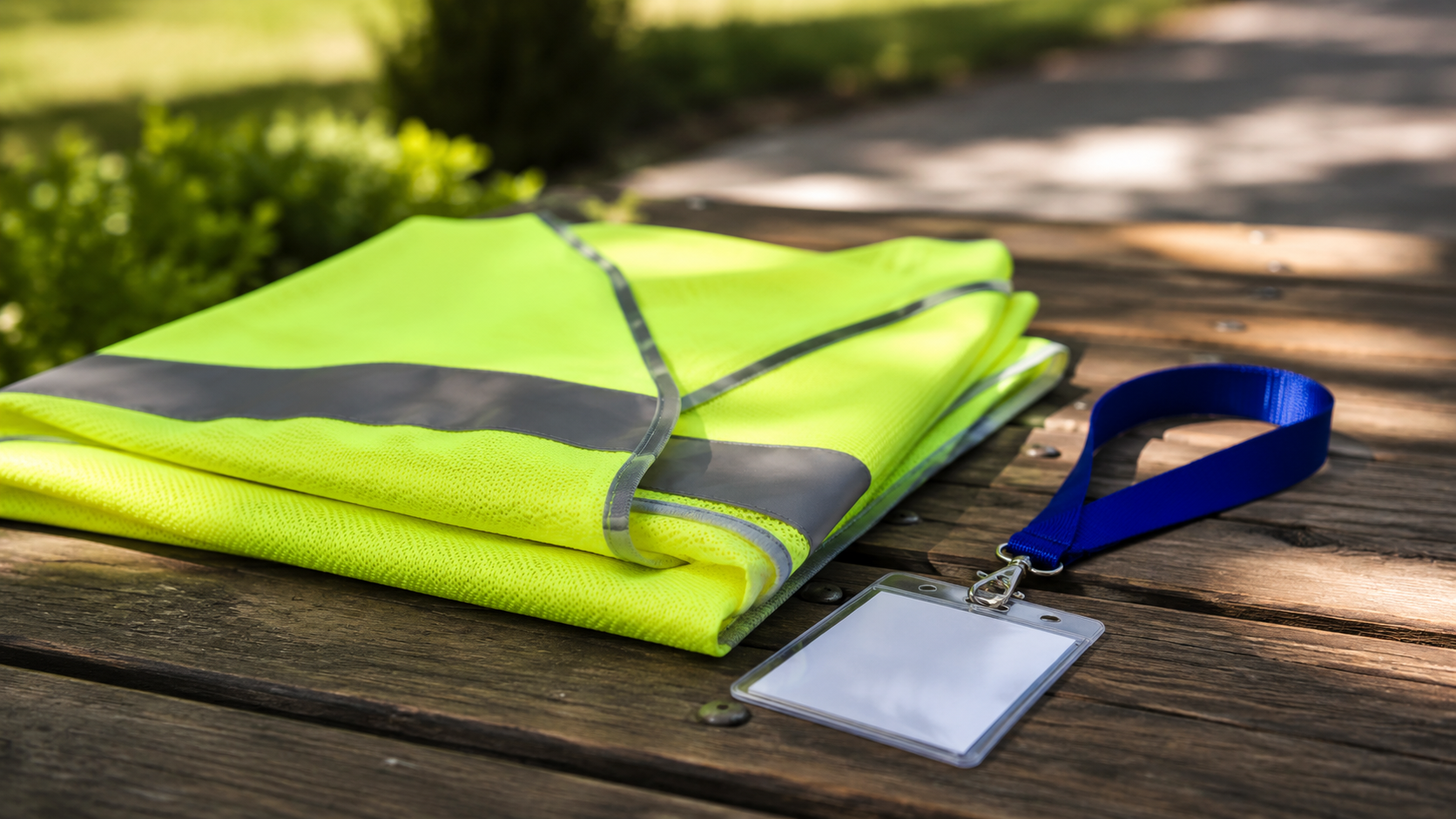 Gros plan sur un gilet fluo plié et un tour de cou vierge posés sur une table en bois, en extérieur