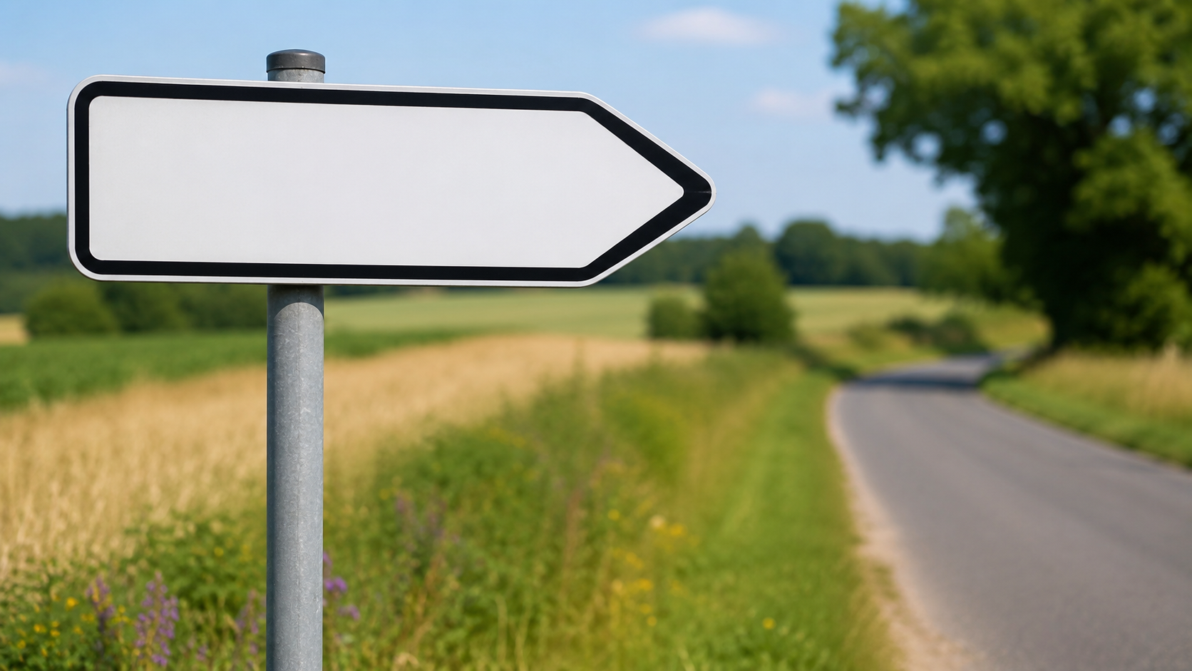 Un panneau fléché de signalisation au bord d'une route de campagne