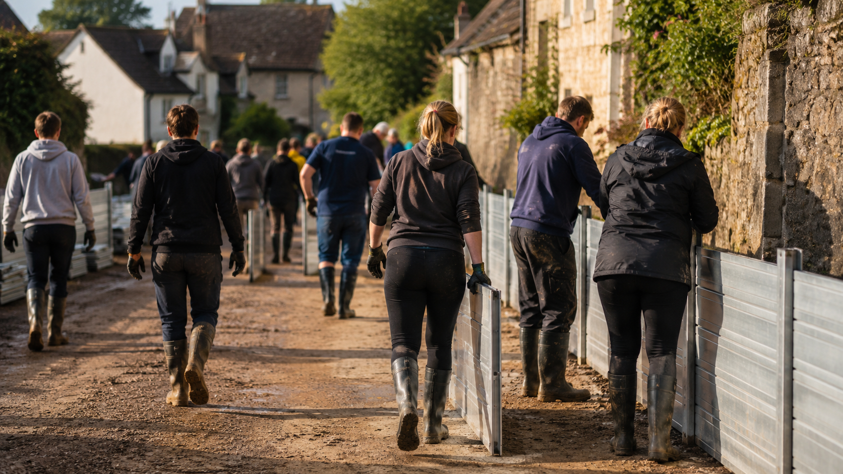 Des bénévoles vus de dos installent des barrières dans une rue de village