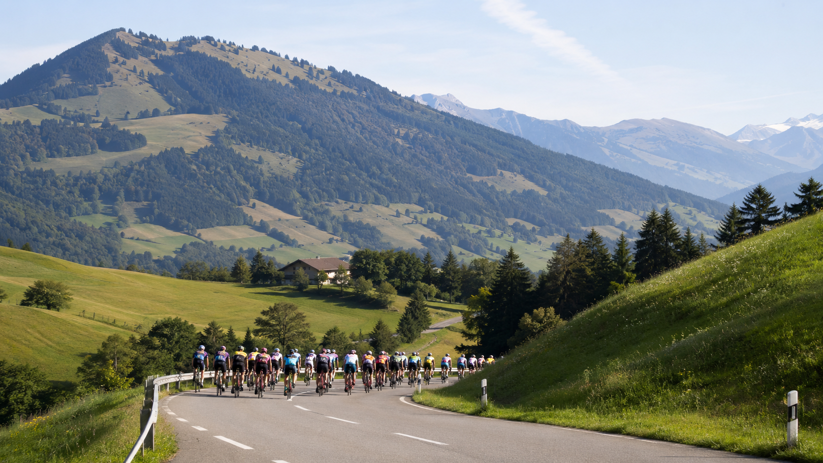 Peloton féminin de loin sur une route vallonnée en été.