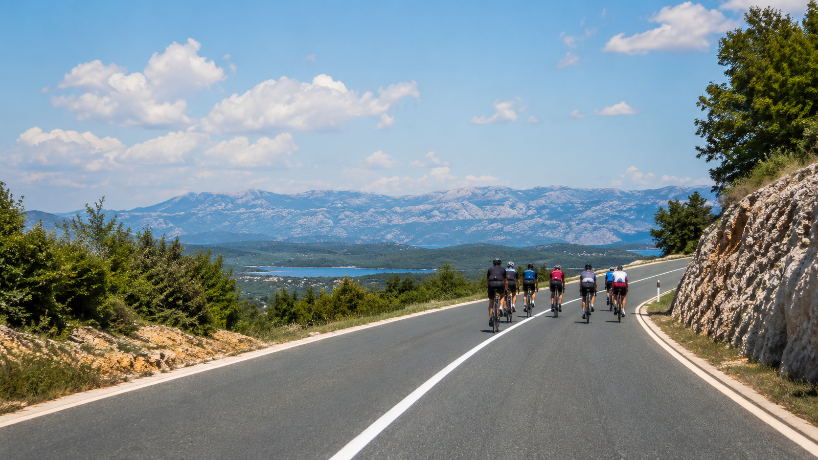 Groupe de cyclistes amateurs de loin sur une route ensoleillée.