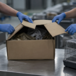 Des mains gantees d'agent des douanes ouvrent un colis sur une table d'inspection, une petite cage de transport vide a cote