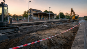 Un chantier ferroviaire clôturé au petit matin, engins et voies à nu, rubalise de sécurité, gare vide en fond