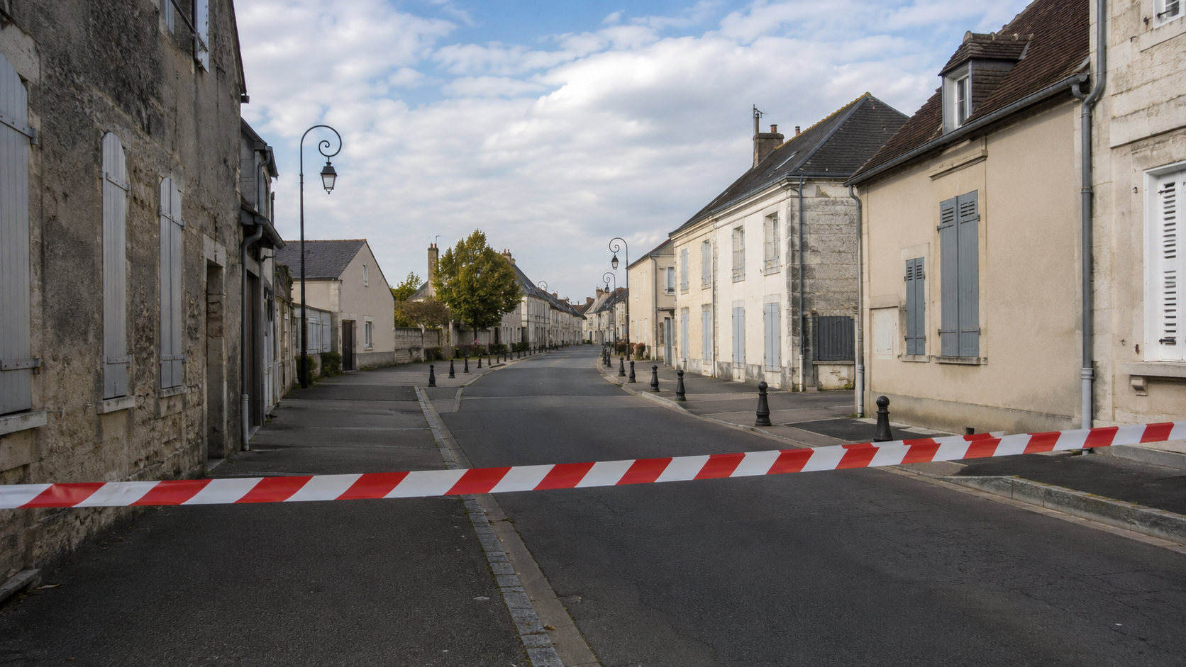 Une rue de petite ville déserte barrée par de la rubalise de sécurité rouge et blanche