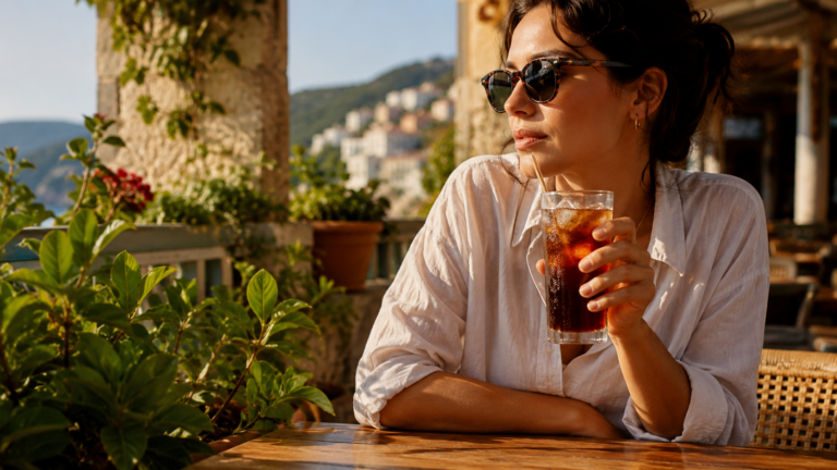 Une personne tient un grand verre de soda glacé sur une terrasse ensoleillée.