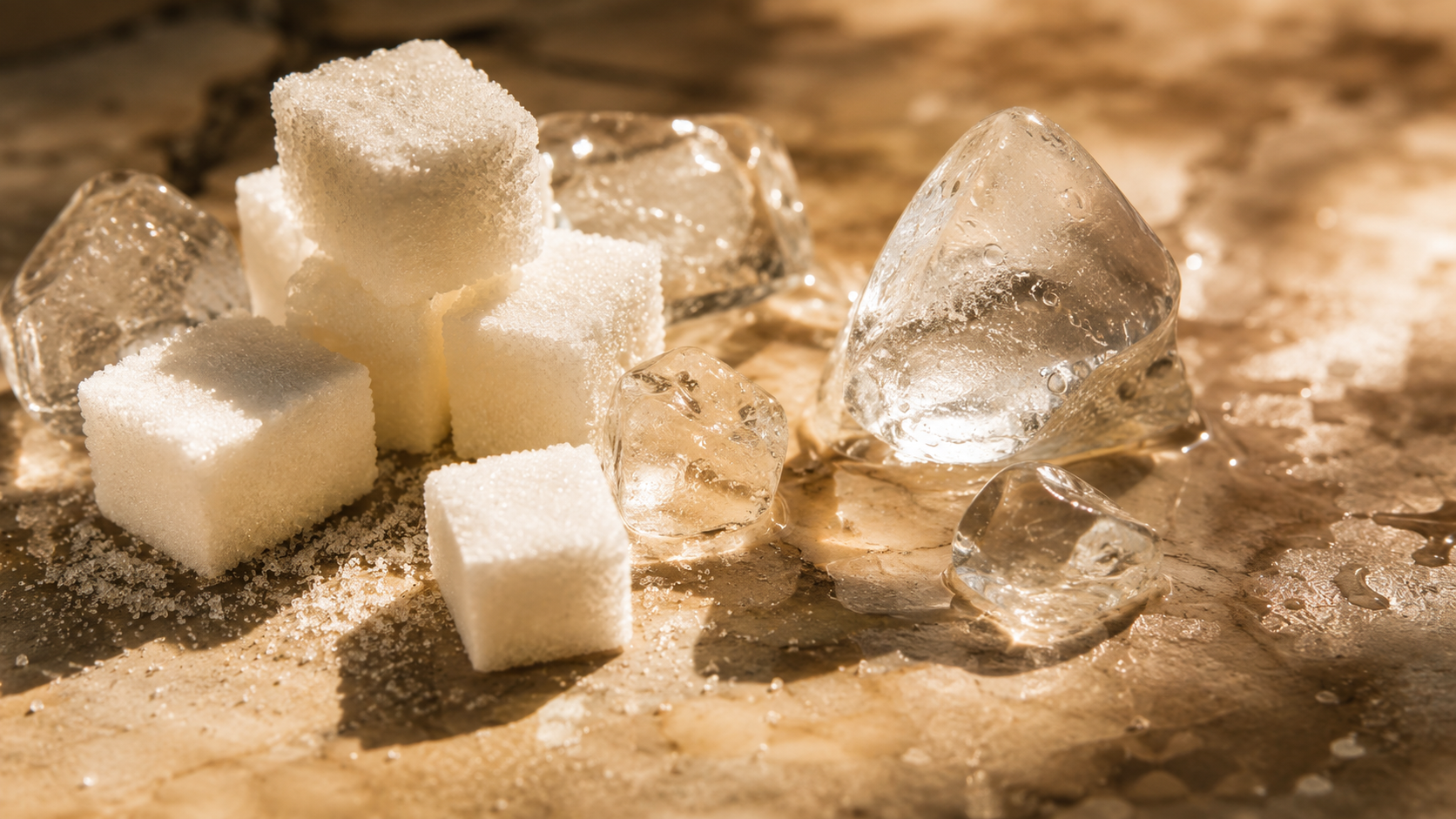 Morceaux de sucre et une boule de glace qui fond sur une table en lumière d'été.