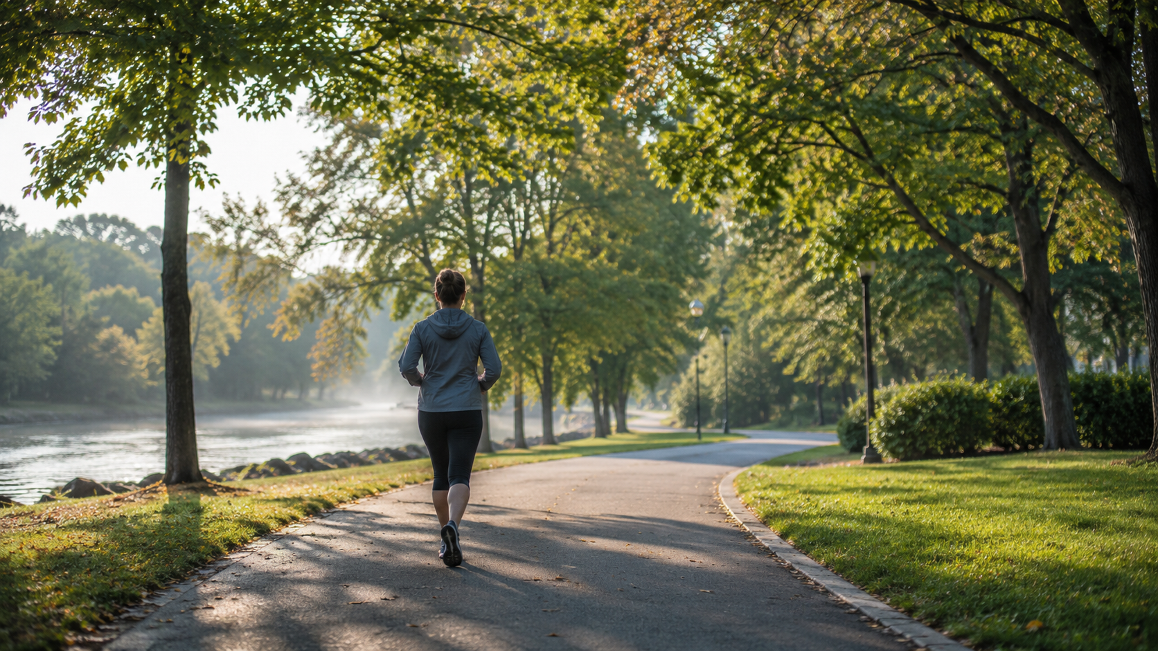 Une personne marche d'un bon pas dans un parc, vue de dos, le matin.