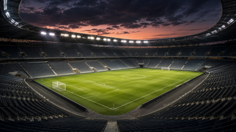 Stade de football moderne vide au crépuscule, sièges vides et pelouse éclairée par les projecteurs, sans public ni joueurs