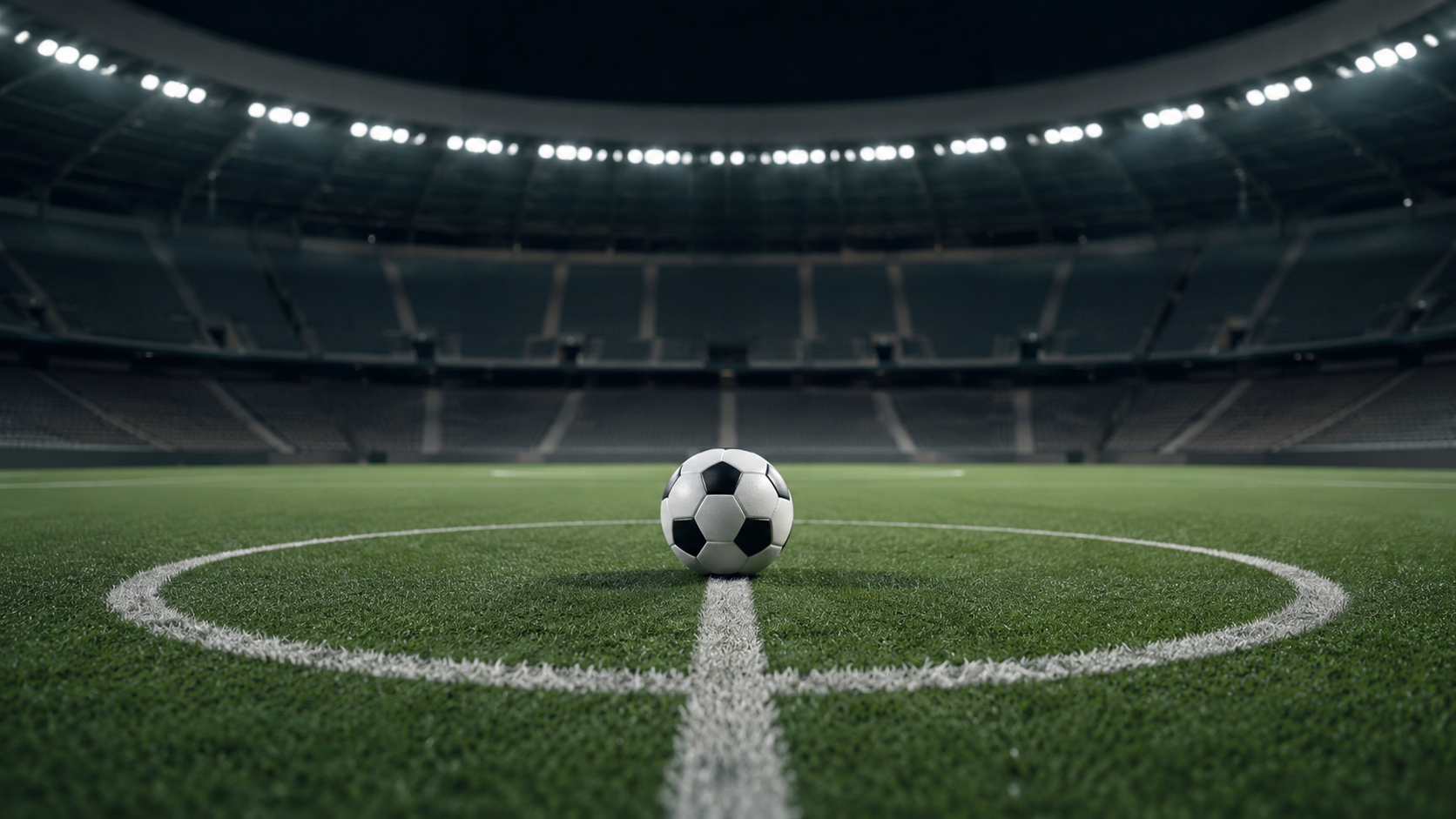 Ballon de football posé sur le rond central d'une pelouse vide, lignes blanches nettes, stade flou en arrière-plan