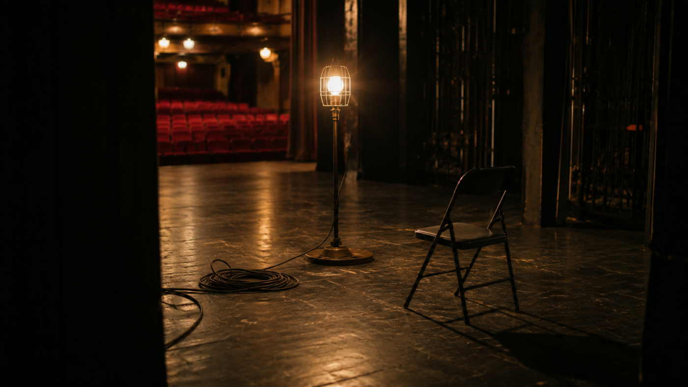 Un plateau de théâtre vide vu depuis les coulisses, éclairé par une seule servante