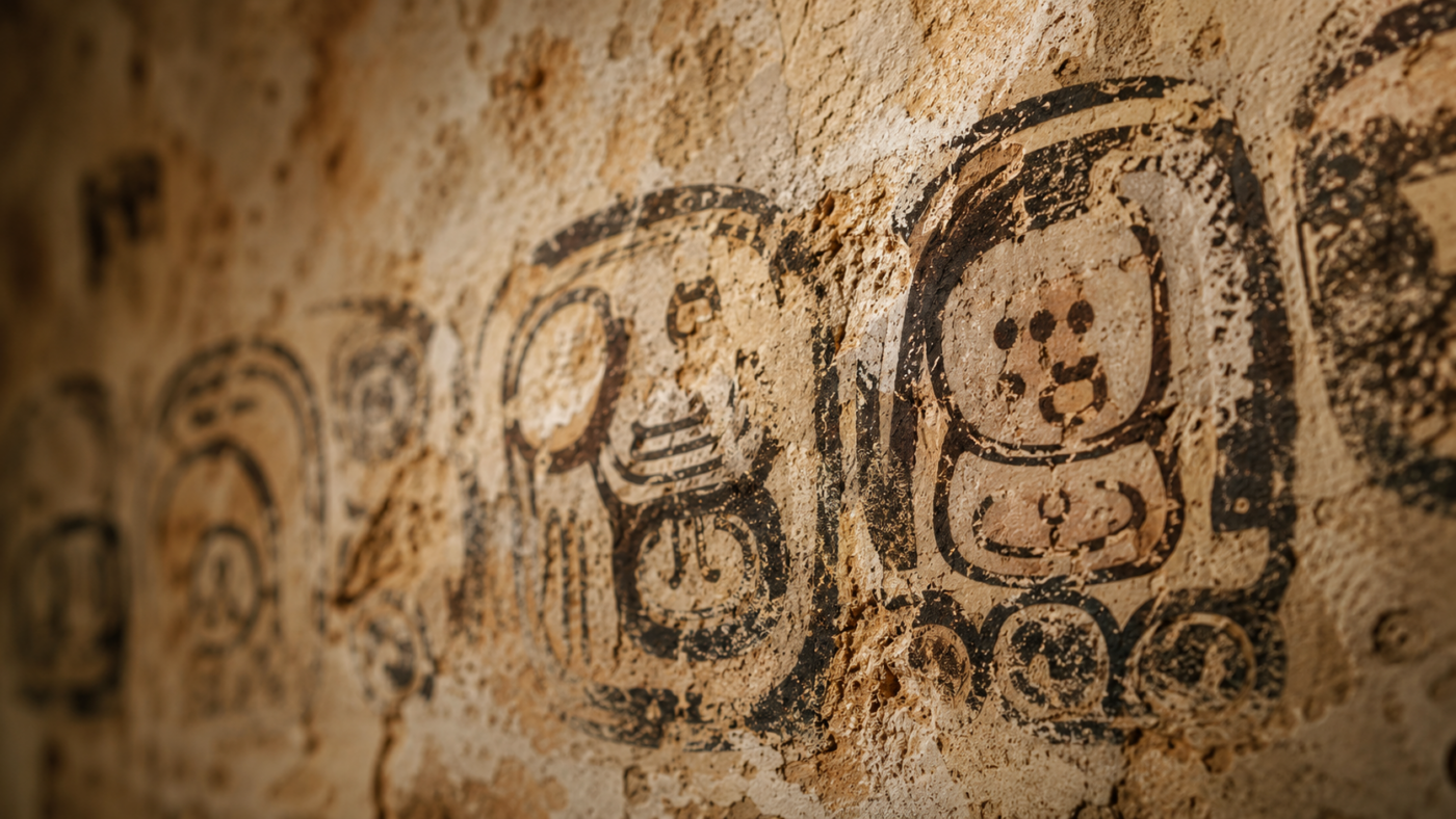 Une inscription peinte en noir, très effacée, sur un mur d'enduit de chaux ancien éclairé en lumière rasante