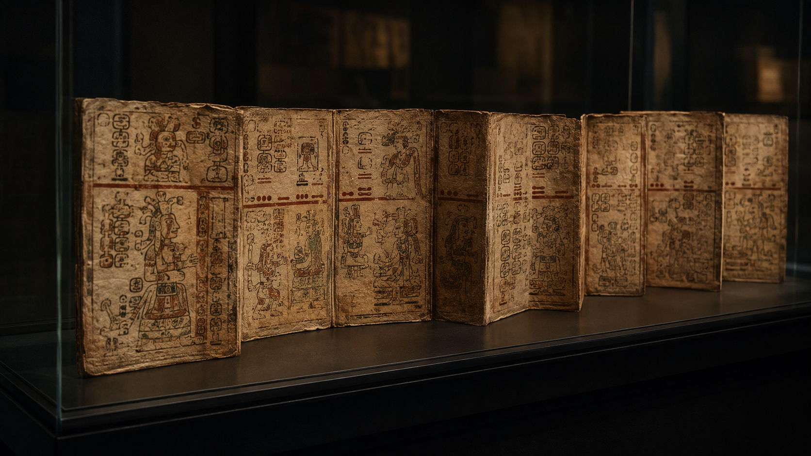 Un manuscrit ancien en écorce, déplié en accordéon dans une vitrine, aux couleurs passées