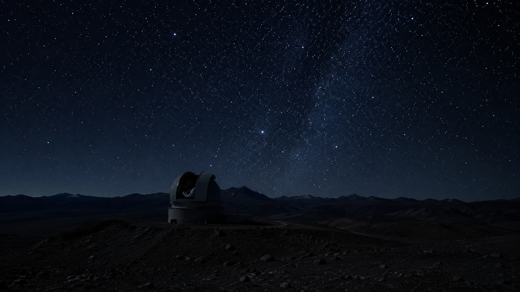 La coupole ouverte d'un télescope au sol se découpe sur un ciel désertique étoilé