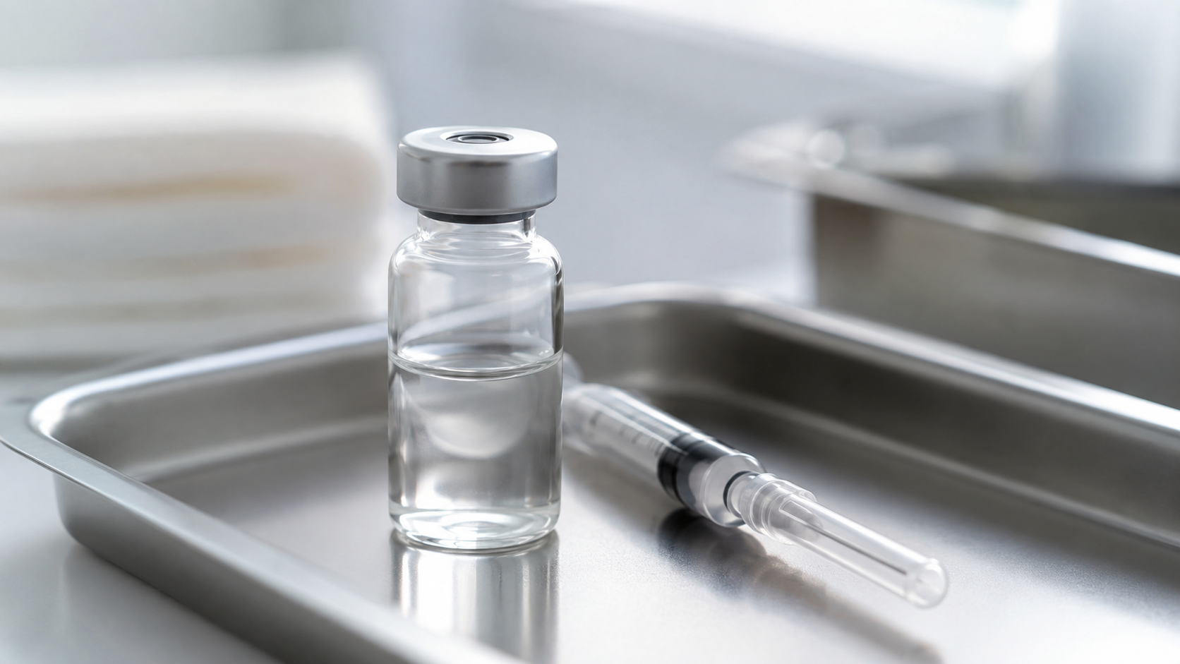 Flacon de vaccin et seringue posée sur un plateau clinique